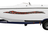 white boat with aries tribal vinyl graphic stripes on port side
