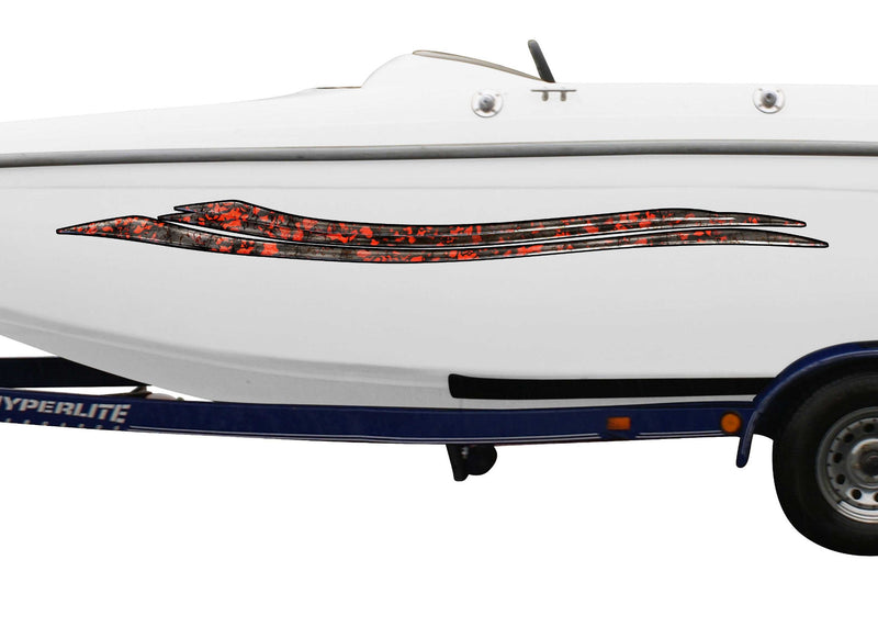 white boat with aries tribal vinyl graphic stripes on port side