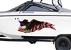 white boat with bald eagle american flag vinyl graphics on port side
