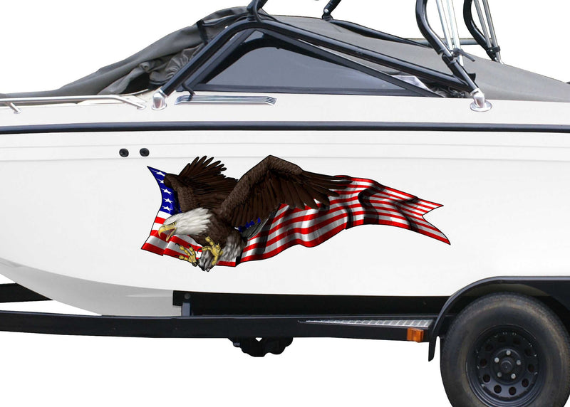 white boat with bald eagle american flag vinyl graphics on port side
