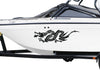 White boat with a black dragon decal on a white background