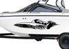 white boat with black shark flames vinyl decal on port side