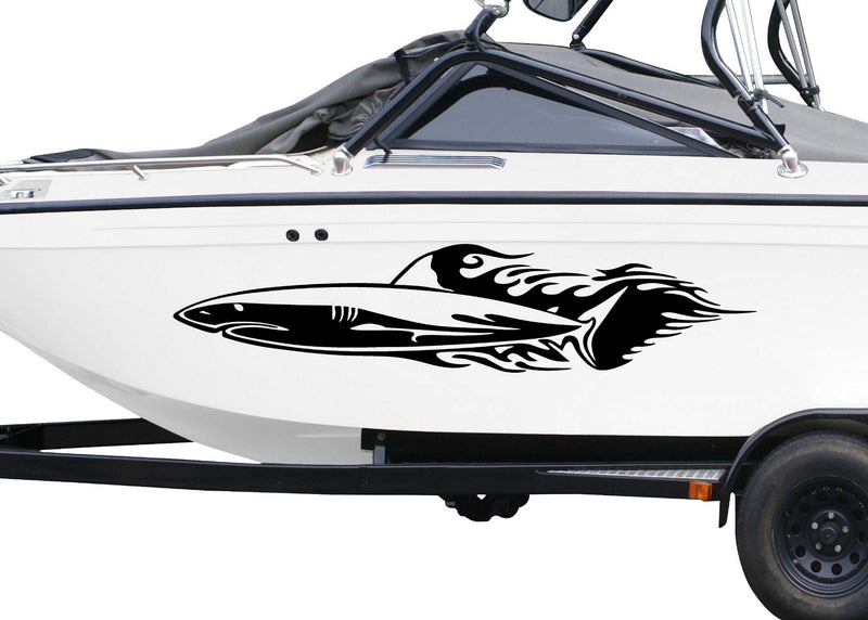 white boat with black shark flames vinyl decal on port side