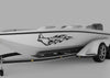white boat with black stingray flames vinyl cut decal on port side