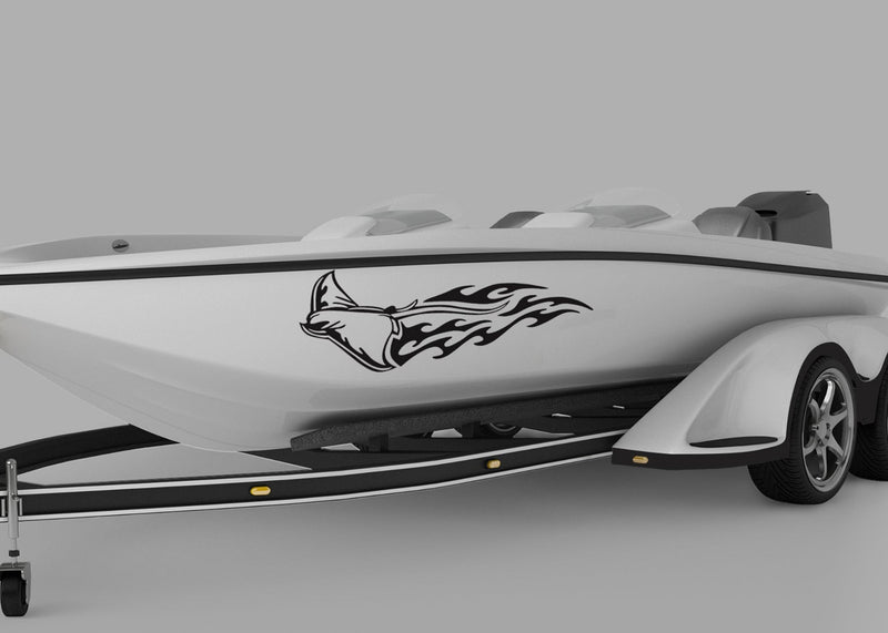white boat with black stingray flames vinyl cut decal on port side