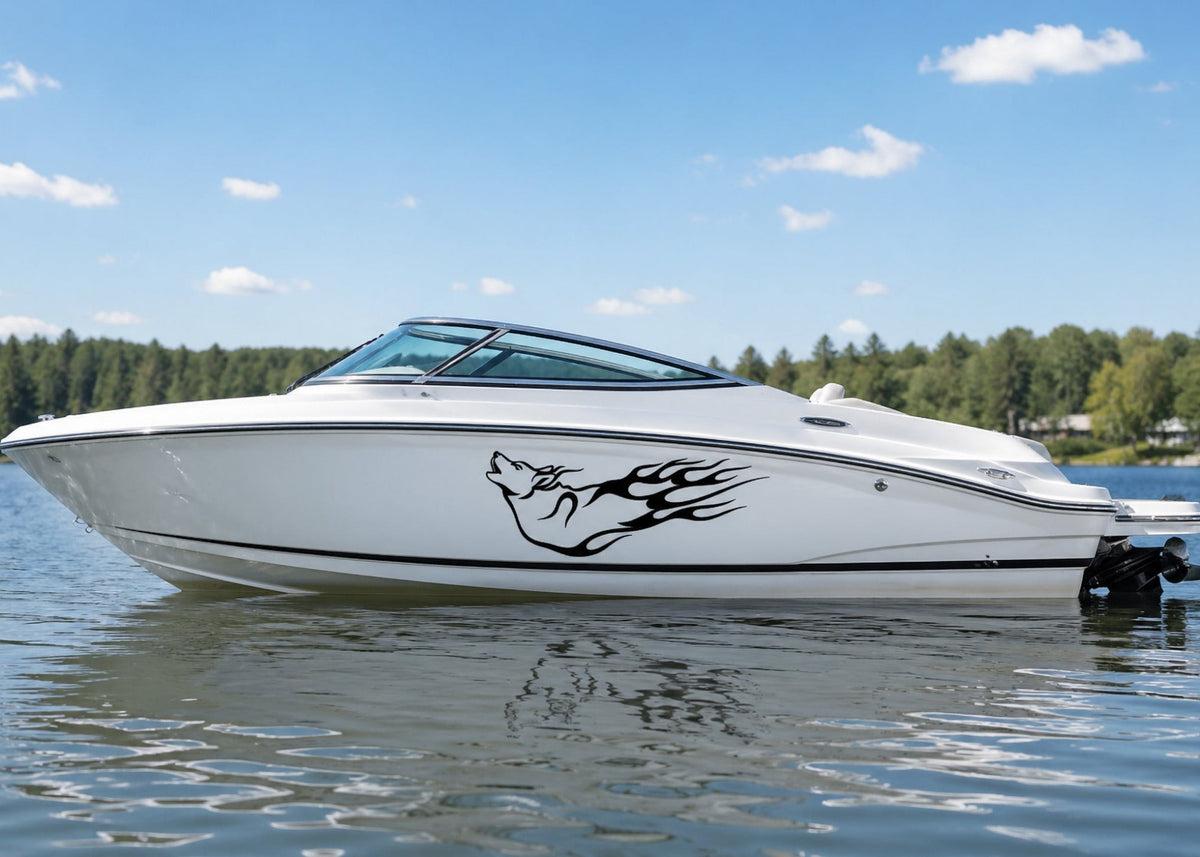 White boat with a black wolf vinyl decal on hull, on a calm body of water with trees in the background