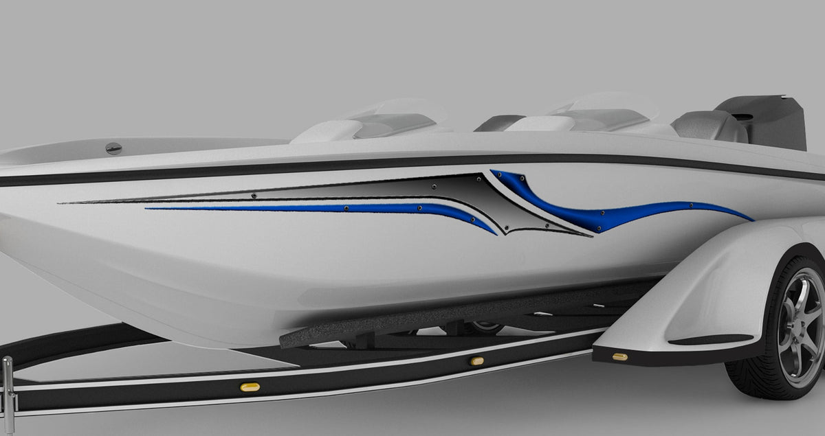 white boat with blade sword vinyl graphics on port side