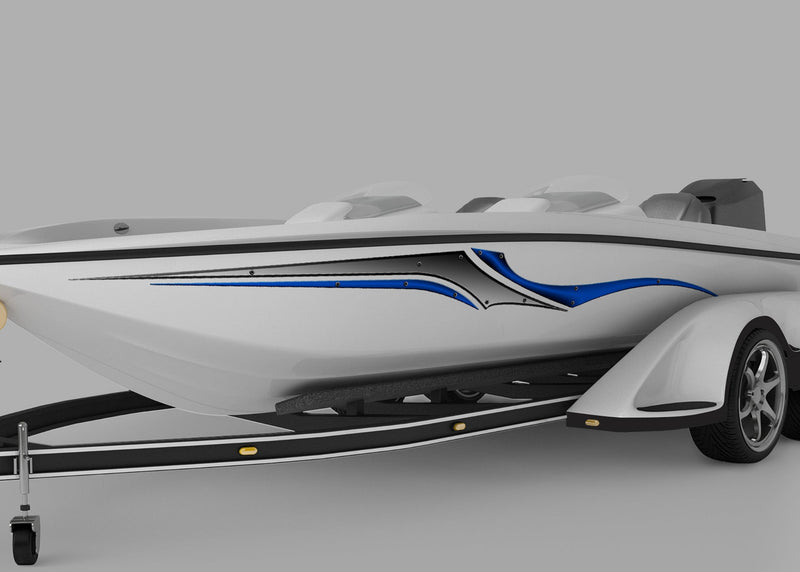 white boat with blade sword vinyl graphics on port side