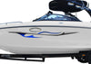 white boat with blue dragon flame vinyl graphics on port side
