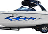 white boat with blue flame skulls vinyl graphics on hull
