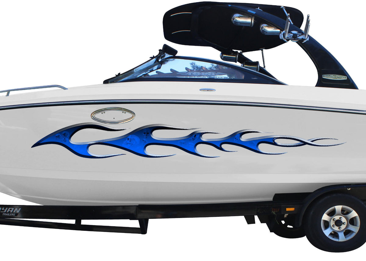 white boat with blue flame skulls vinyl graphics on hull