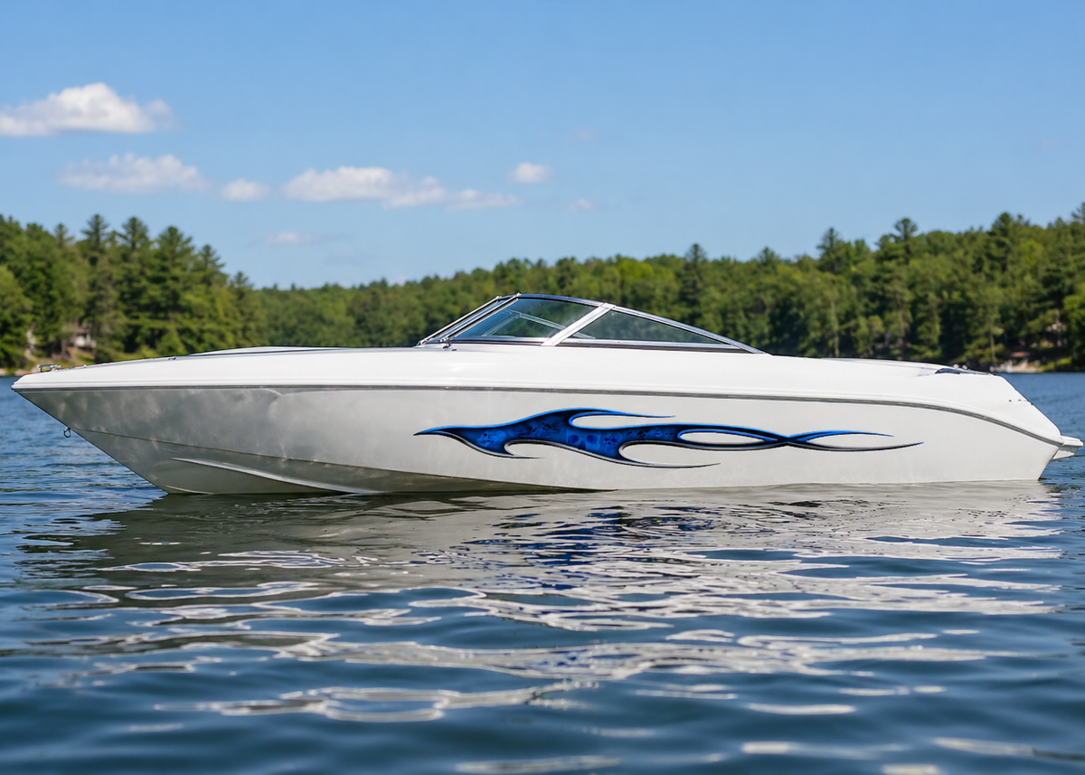white boat with blue inflame skulls vinyl decal on hull port side