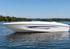 white boat with blue shark racing stripe on its hull