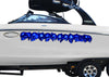 White speedboat with blue skulls link vinyl decal on port side