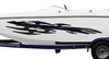 white boat with bluish tribal metal style vinyl graphics on its side