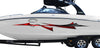 white boat with bora decal stripe on port side