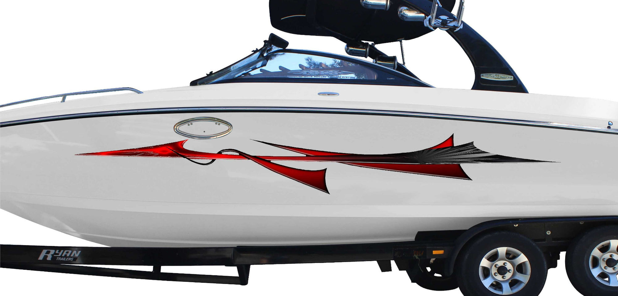 white boat with bora decal stripe on port side