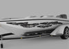 white boat with camo tears vinyl graphics on port side