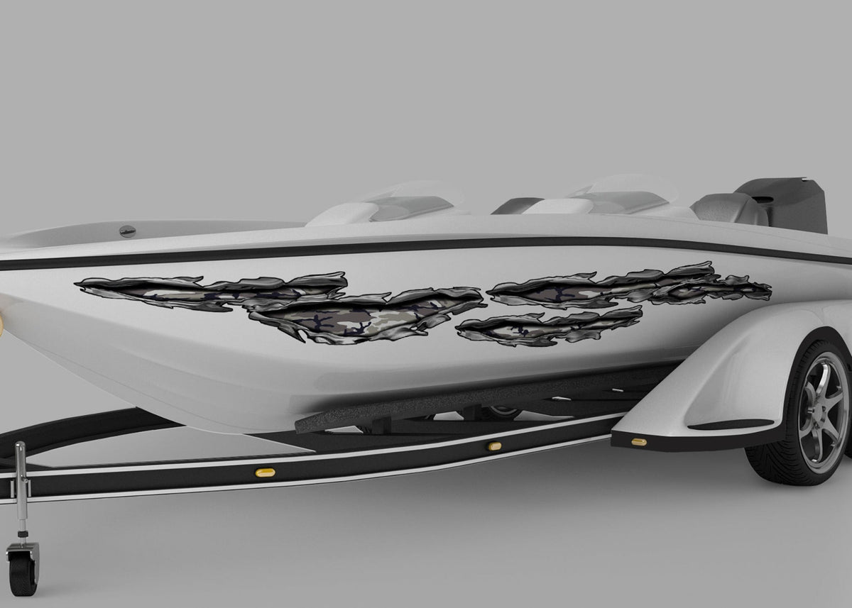 white boat with camo tears vinyl graphics on port side