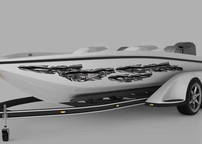 white boat with camo tears vinyl graphics on port side