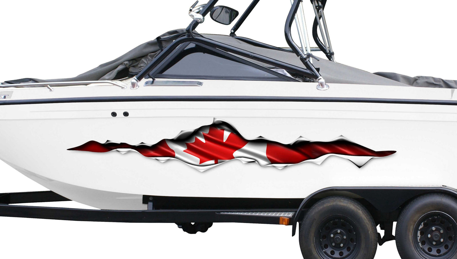 white boat with canada flag rip on its side