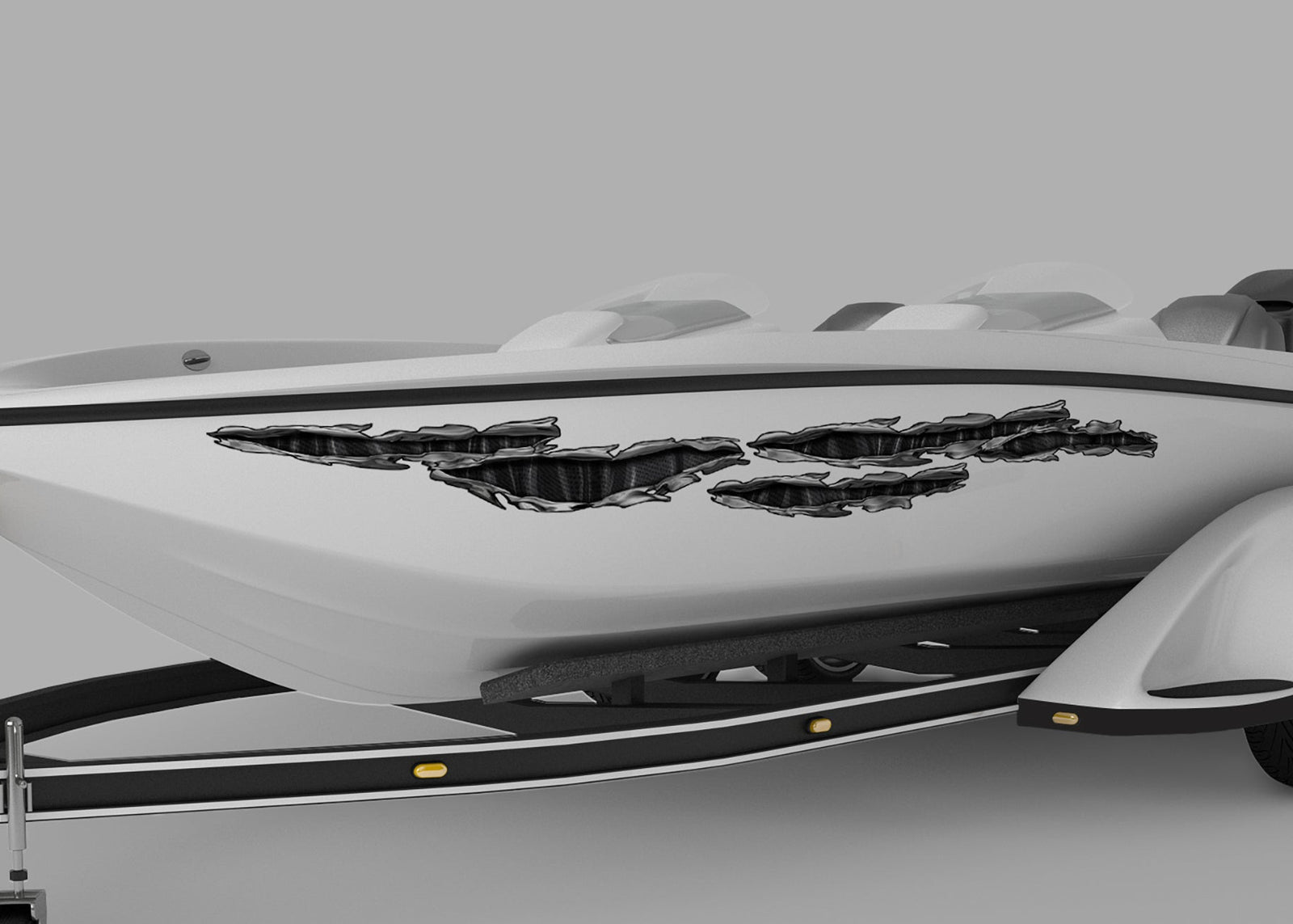 white boat with carbon fibre tears vinyl graphics on port side