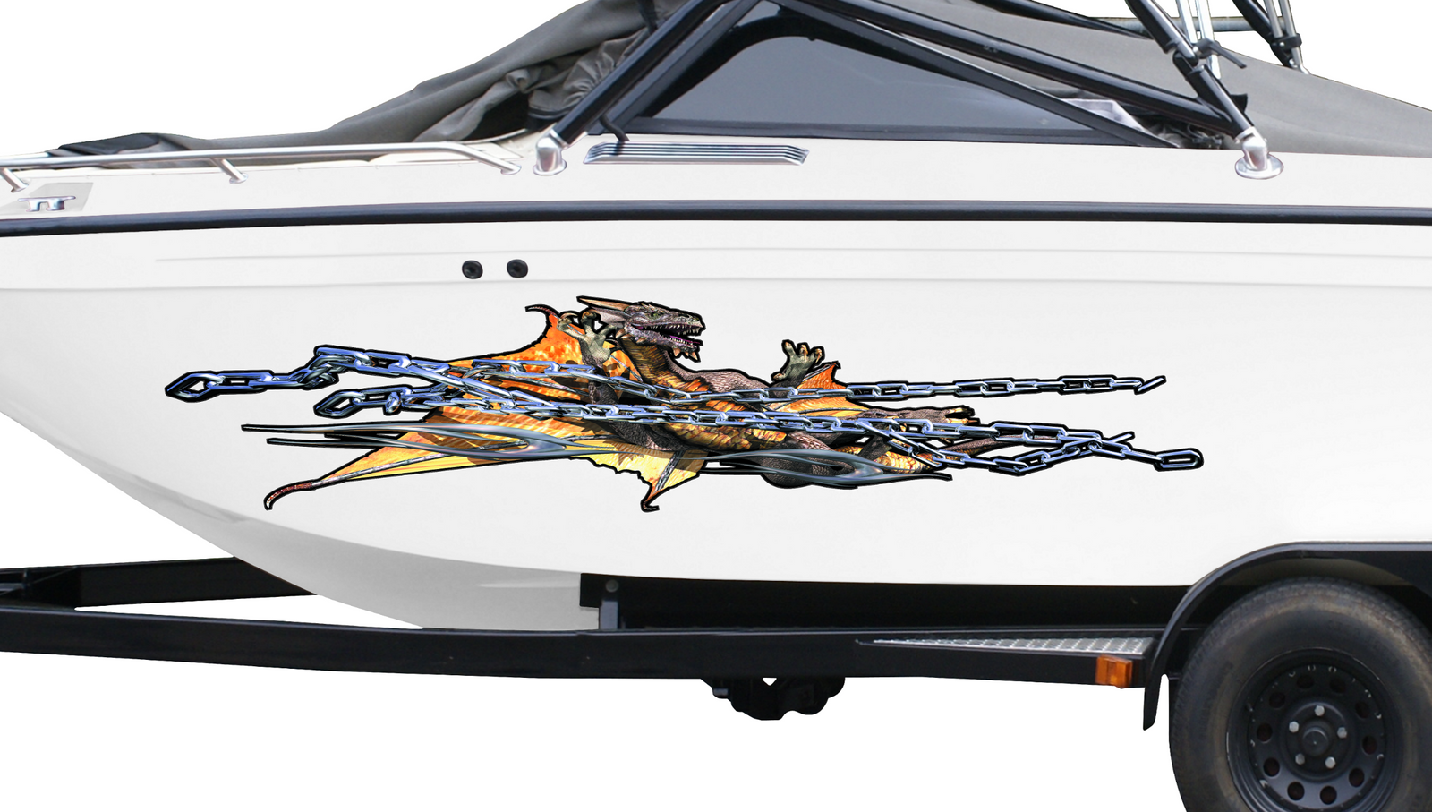 white boat with chained dragon vinyl graphics on its side