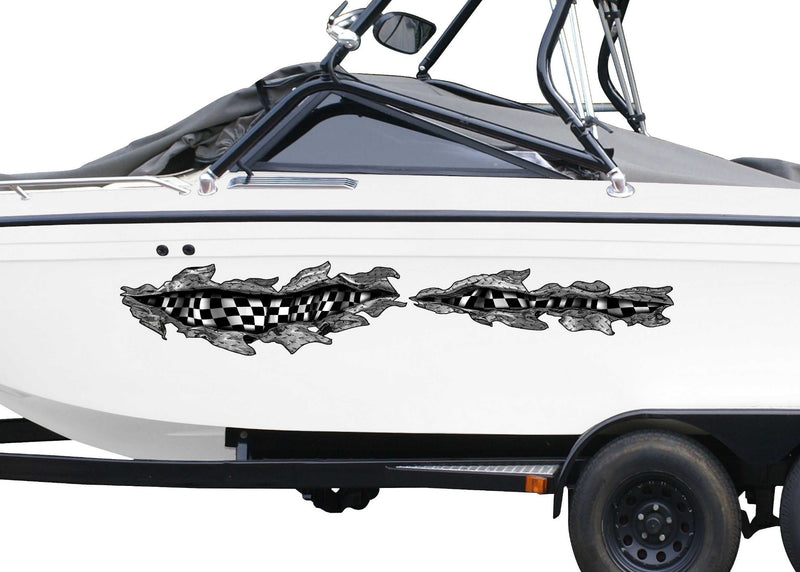 white boat with checkered flag diamond plate metal tear style vinyl graphics on port side