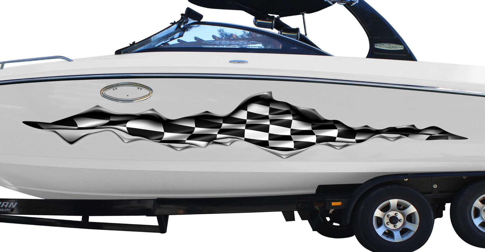 white boat with checkered flag rip vinyl decal on its side