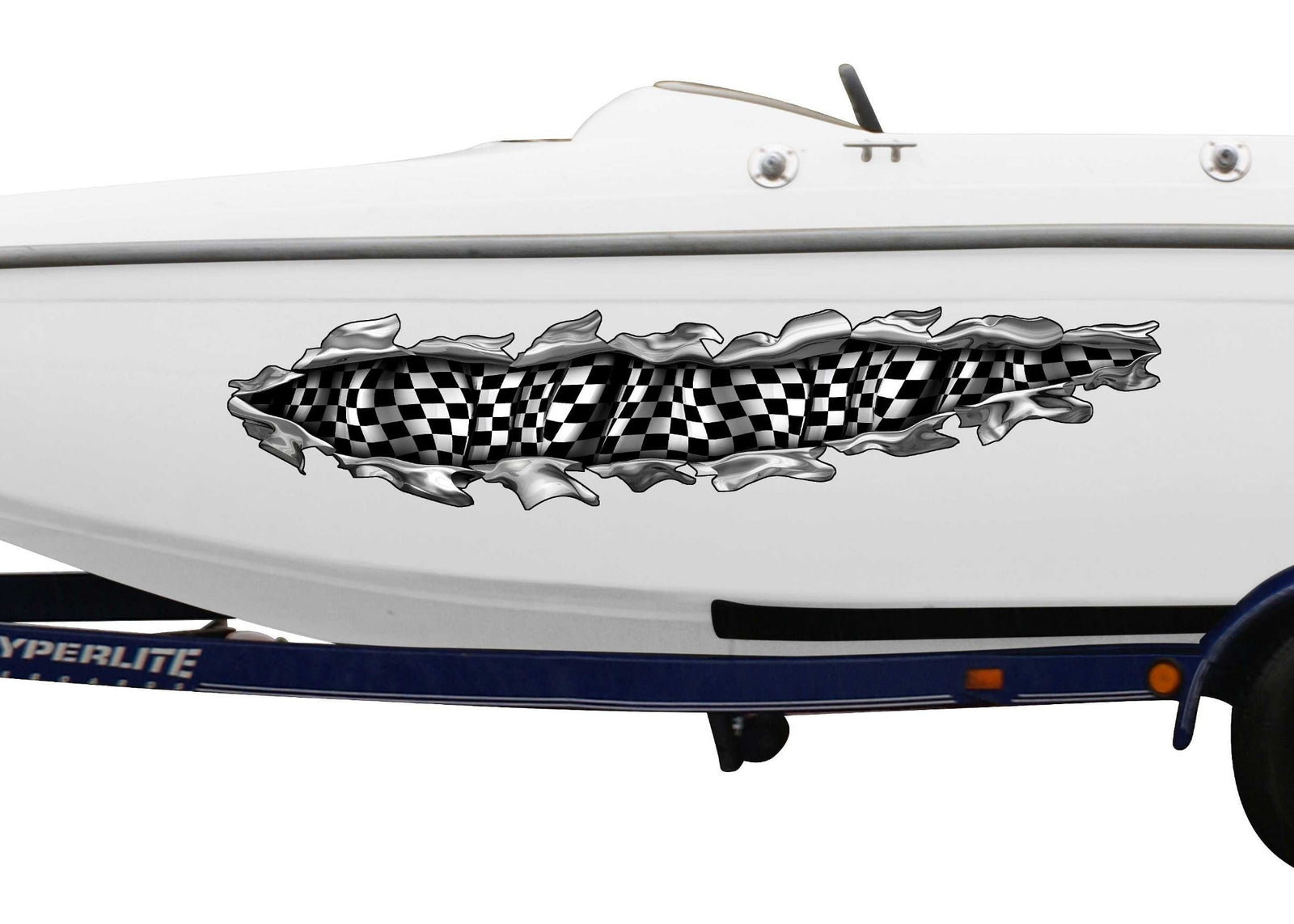 white boat with checkered flag tear vinyl graphics on port side
