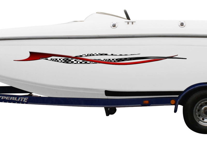 white boat with checkered flag windblow vinyl decal stripe on port side