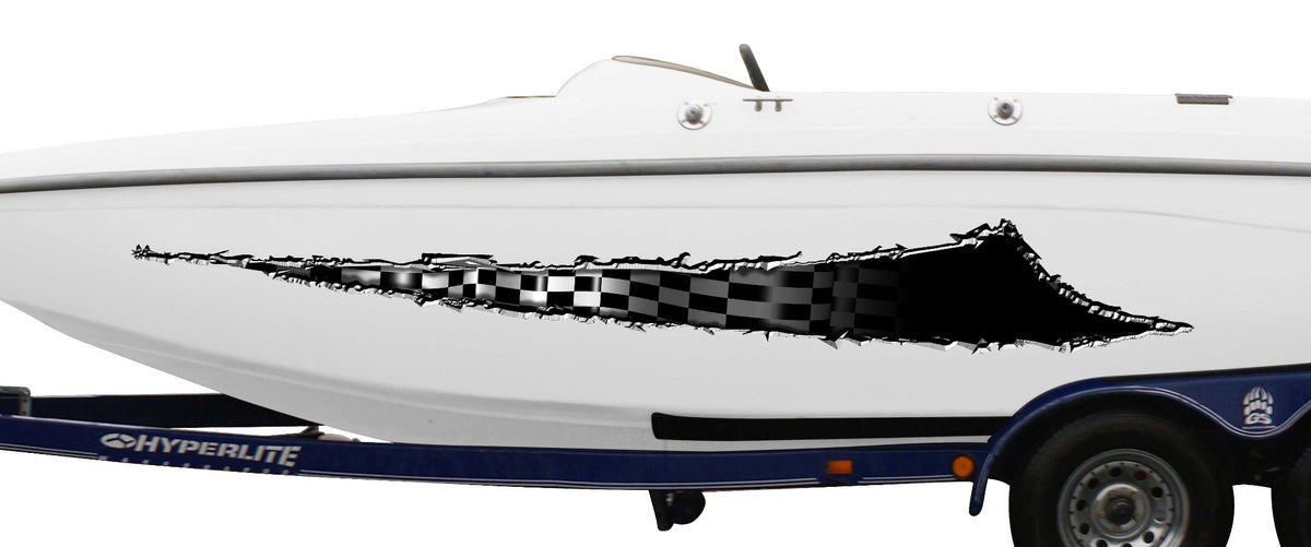 white boat with checkers scratch metal tear vinyl graphics on port side