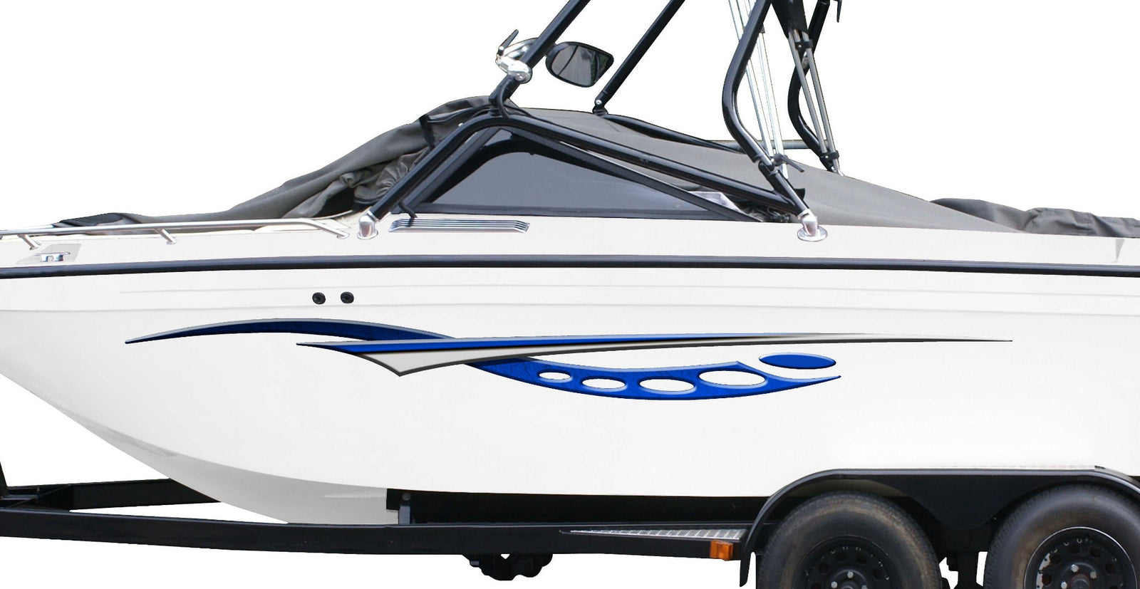 White speedboat on a trailer with blue cosmos vinyl graphics against a gray background