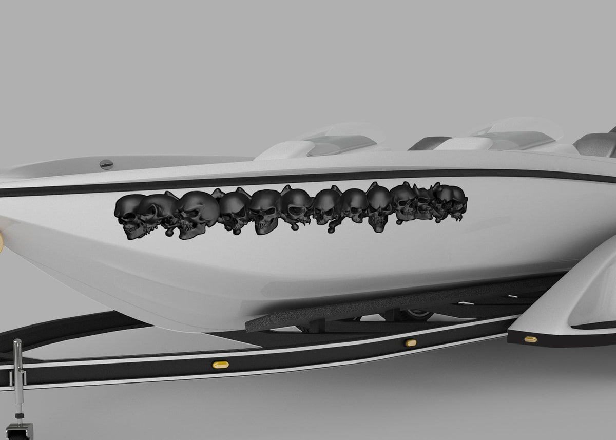 white boat with dark gray skulls link band vinyl graphics on port side