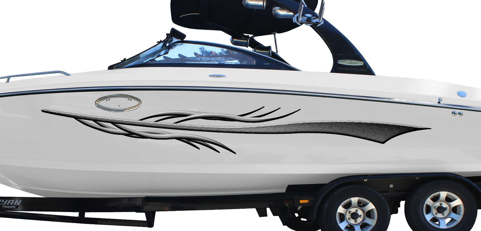 white boat with dart vinyl graphic stripe on port side