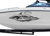white boat with dolphin black vinyl decal on port side