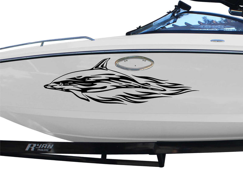 white boat with dolphin black vinyl decal on port side