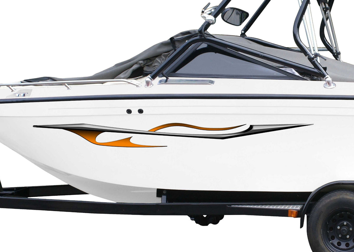 white boat with dragon flame vinyl decal on port side