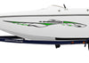 white boat with feedback stripe decal on port side