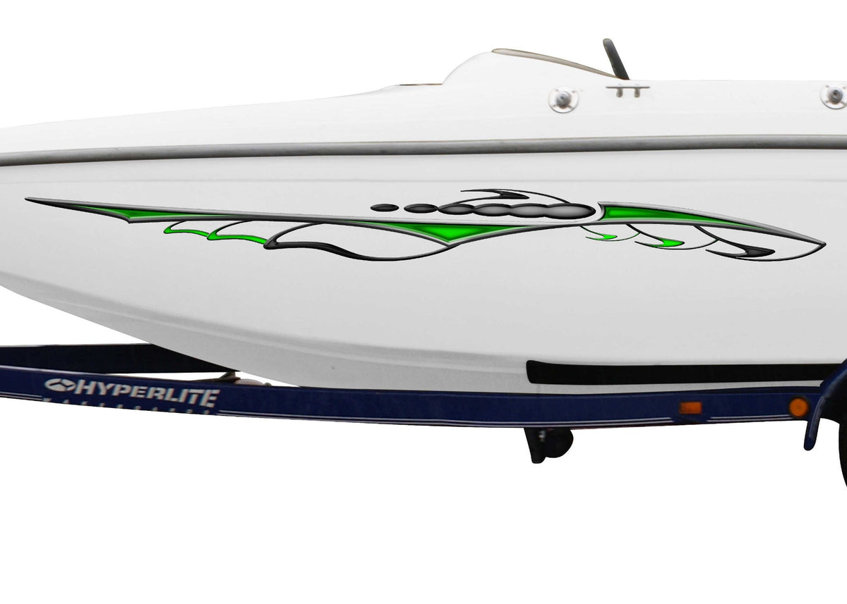 white boat with feedback stripe decal on port side