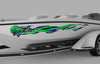 white boat with ghost flames graphics on side