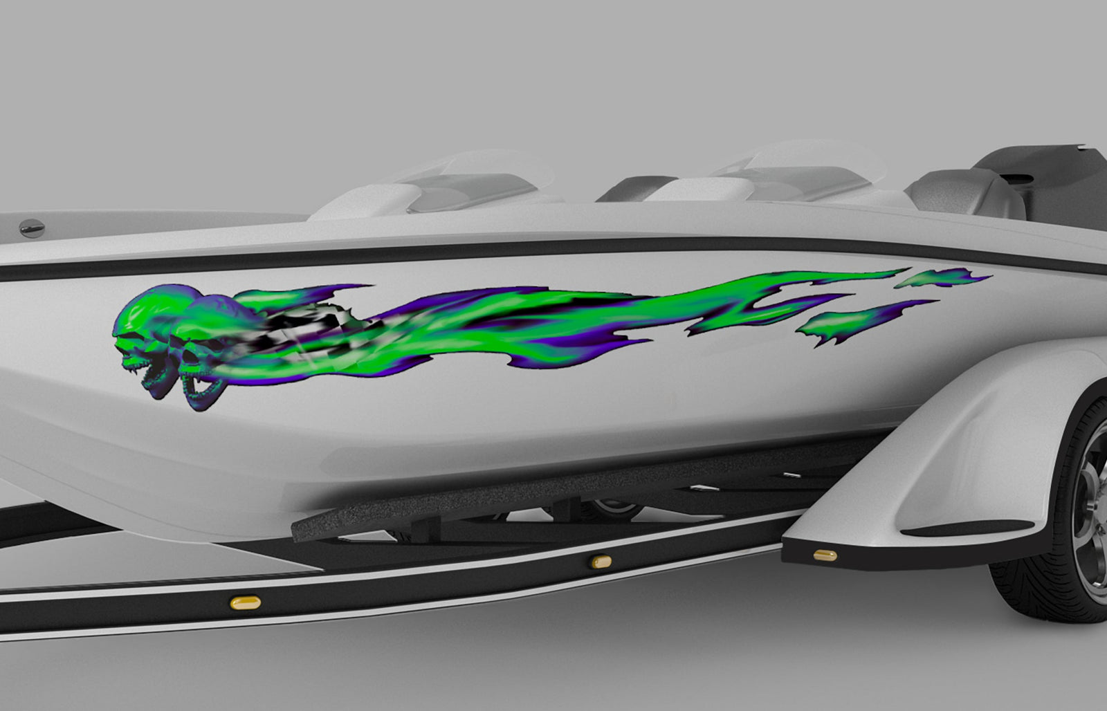white boat with ghost flames graphics on side