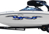 white boat with gray blue tribal links vinyl graphics on port side