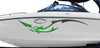 white boat with green dragon tail vinyl graphics on hull port side
