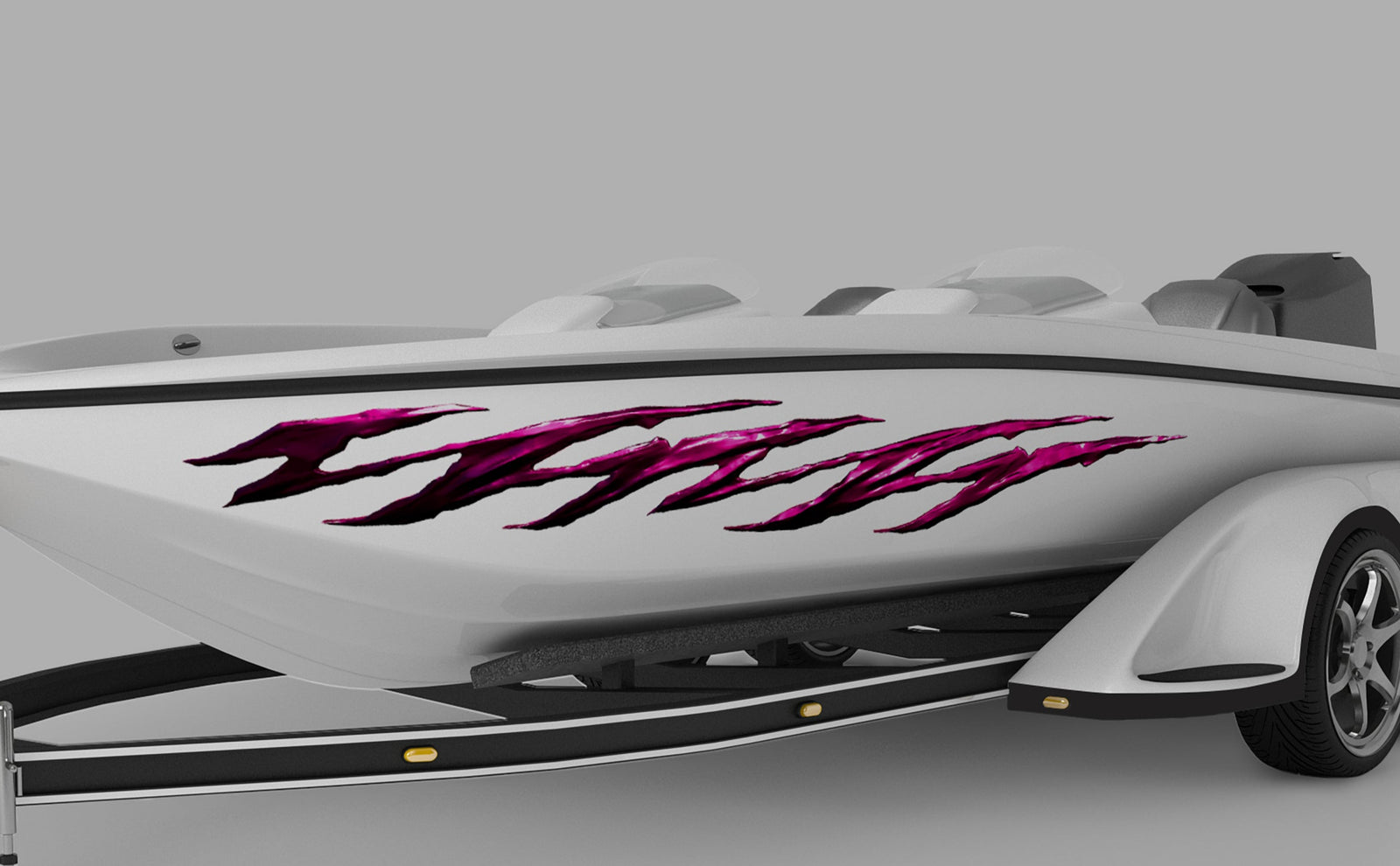 White speedboat with magenta jagged vinyl decals on its side
