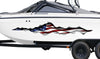 white boat with large American flag decal on it side