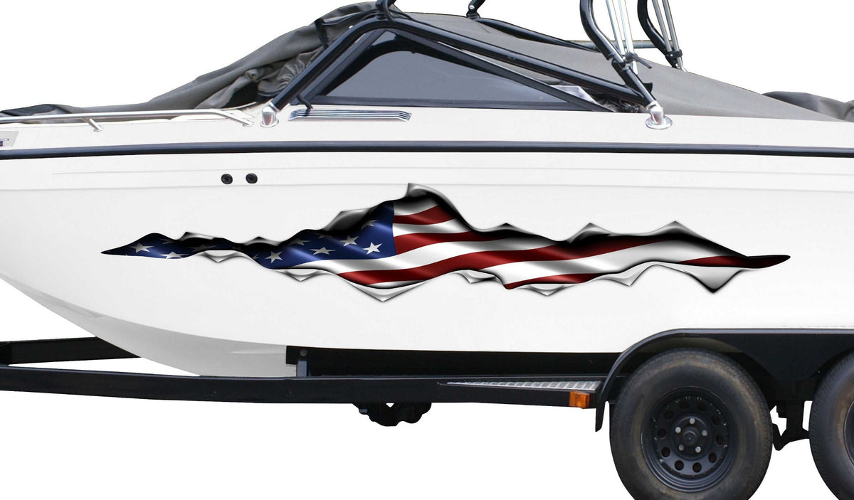 white boat with large American flag decal on it side