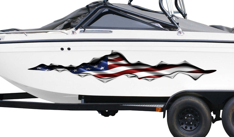 white boat with large American flag decal on it side