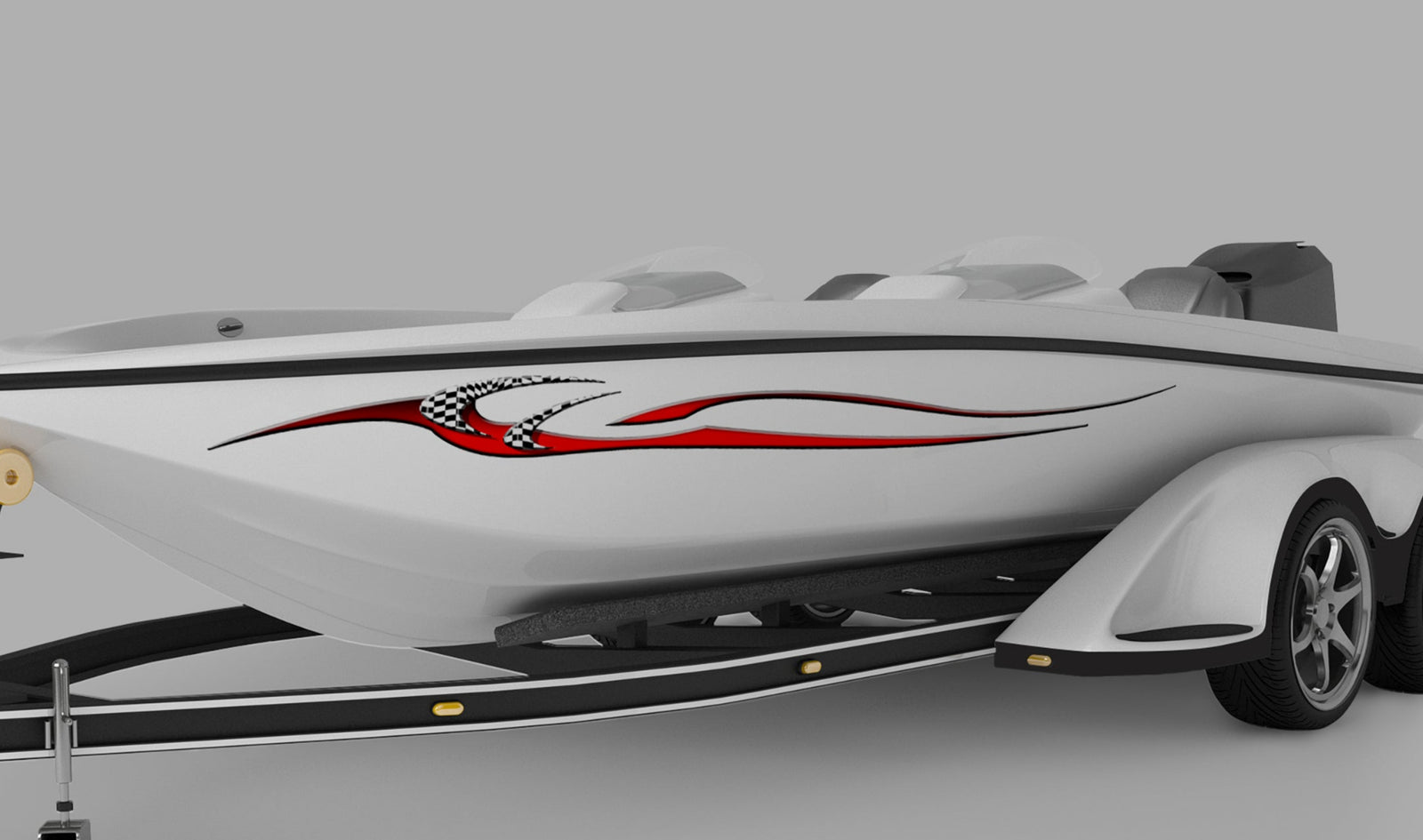 white boat with legend checkers graphic ] stripe on its side