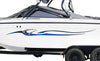 white boat with legend checkers stripe decal on its side